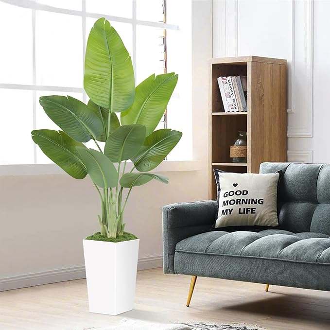 Lifelike Bird of Paradise Artificial Plant 5ft Faux Banana Leaf Tree with White Tall Planter for Home Decor - Perfect Indoor Silk Floor Plant for Living Room, Office, and Bedroom Ambiance Enhancement