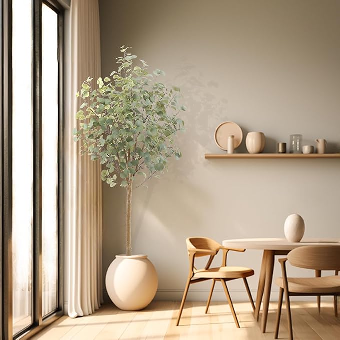 Tall Eucalyptus Tree Artificial，6ft(72in) Faux Eucalyptus Tree with Realistic Silk Leaves， Fake Trees Indoor Outdoor for Home Office Living Room Bedroom Foyer Porch Decor.