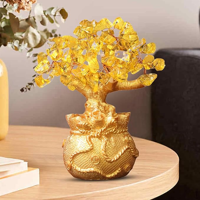 Golden Money Tree Ornament Bring Good Luck Fortune Lucky Bag Tree Resin Figurine Statue Sculpture Home Office Desktop Fengshui Decoration (Golden)