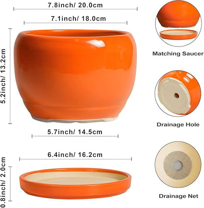 SQOWL Ceramic Pot for Plants - 8 Inch Plant Pot Indoor Outdoor, Modern Round Planter with Drainage Hole and Saucer, Decorative Planter for Flower, Office Decor, Garden Gifts for Women, Orange