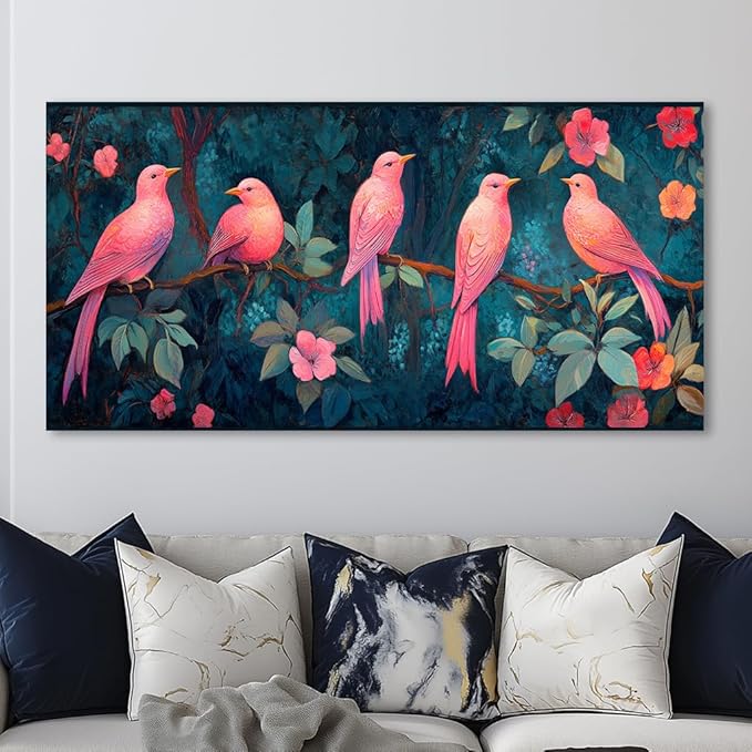 Pink Birds Canvas Wall Art Birds Floral Tree Canvas Pictures Bird on Tree Branch Painting Flower Wall Decor Canvas Nature Farmhouse Animal Painting for Girl’s Room Bedroom Bathroom Living Room (20x40 Inches)
