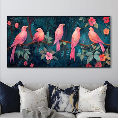 Pink Birds Canvas Wall Art Birds Floral Tree Canvas Pictures Bird on Tree Branch Painting Flower Wall Decor Canvas Nature Farmhouse Animal Painting for Girl’s Room Bedroom Bathroom Living Room (16x32 Inches)