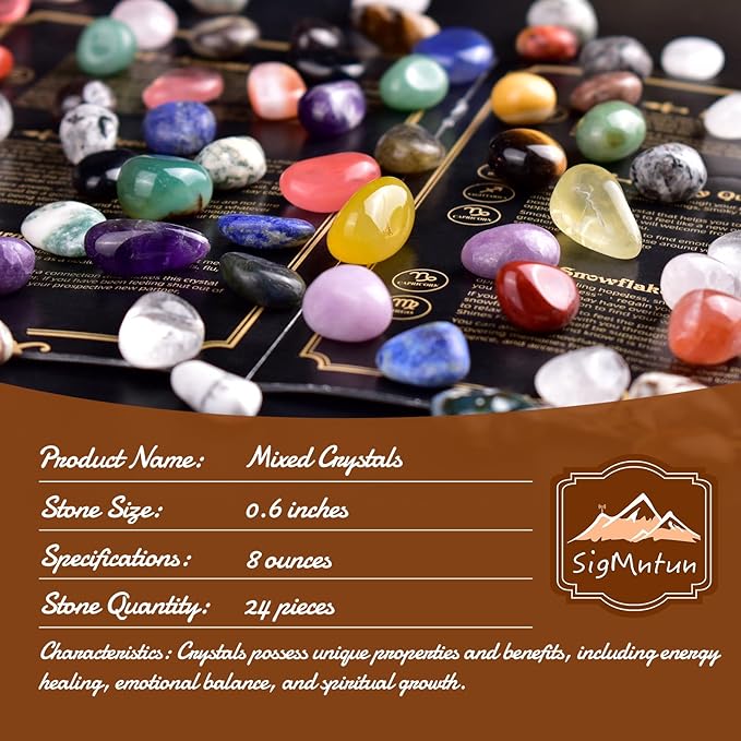 Polished Multicolor Healing Crystal Stone Set – 24 Types of 0.6" Handpicked Tumbled Stones for Healing, Reiki, Meditation, Crafting, Home Decor, Ethically Sourced, Mixed Crystals-0.6"