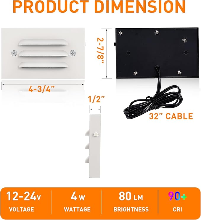 CLOUDY BAY 5CCT 12V 4W Low Voltage LED Step Light with Horizontal Louvered Faceplate for Steps Decks Stairs,Outdoor Stair Lights,Wet Locations,6 Pack,White