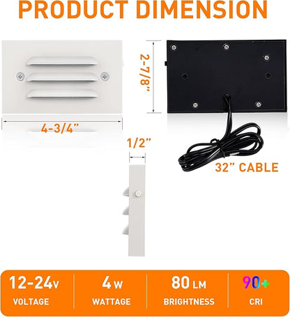 CLOUDY BAY 5CCT 12V 4W Low Voltage LED Step Light with Horizontal Louvered Faceplate for Steps Decks Stairs,Outdoor Stair Lights,Wet Locations,6 Pack,White