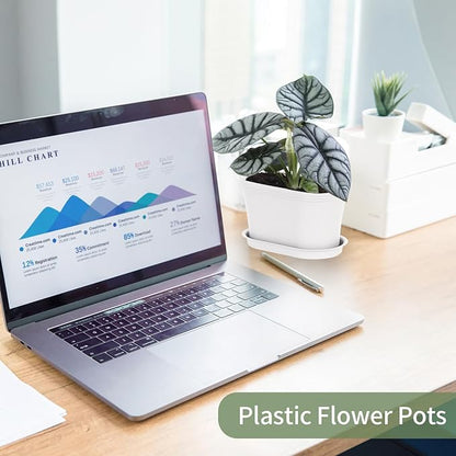 Windowsill Garden Pots, White Plastic Flower Pots with Drainage Tray for Herb, Succulents, African Violet (Pack of 6)