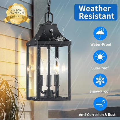 15'' Large Outdoor Pendant Light Fixtures 3-Light, Dusk to Dawn Exterior Hanging Lantern Porch Light Adjustable, Black Hanging Lamp Farmhouse Exterior Chandelier Ceiling Mount for Patio, 1Pack