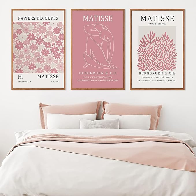 HLNIUC Matisse Pink Wall Art,Neutral Pink Flower Framed Canvas Wall Decor Set of 3(16”x24’) Modern Aesthetic Pictures Wall Painting,Abstract Flower Market Art Print for Living Room,Bedroom