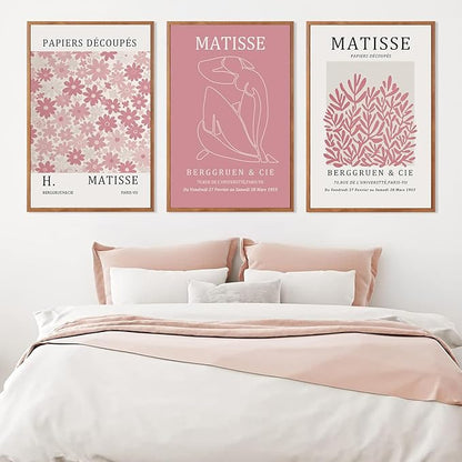 HLNIUC Matisse Pink Wall Art,Neutral Pink Flower Framed Canvas Wall Decor Set of 3(16”x24’) Modern Aesthetic Pictures Wall Painting,Abstract Flower Market Art Print for Living Room,Bedroom