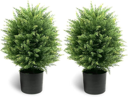 Sunnyglade 19.7” Tall Artificial Cedar Topiary Ball Tree Set of 2 Pack Potted Bushes UV Resistant Potted Plants for Indoor Outdoor Home Garden (Dark Green)