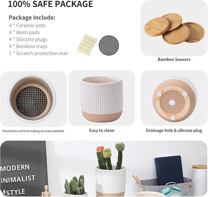 4 Inch Ceramic Plant Pots with Drainage Holes and Trays, Modern Small Minimalist Flower Planter Pot with Saucers for Indoor Plants, Succulent, Snake Plants, Cactus & Herbs, White, Set of 4
