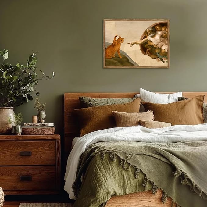 Funny Creation of Adam and Cat Wall Art, Whimsical Cat and God Wall Decor Painting Quirky Michelangelo and Animal Poster Canvas Print for Bedroom Living Room 12x16 inch Wood Framed