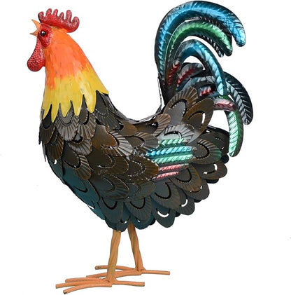 Metal Rooster Statues, Garden Chicken Decorations, Outdoor Chicken Sculptures, Metal Yard Rooster Artwork for Yard Farm Patio Lawn Porch Kitchen Decoration (Brown)