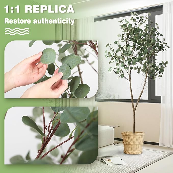 6.89ft Artificial Tree, Faux Eucalyptus Tree with Lifelike Leaves, Fake Eucalyptus Tree with Sturdy Plastic Pot, Artificial Plants for Office Home Living Room Indoor Outdoor Decor