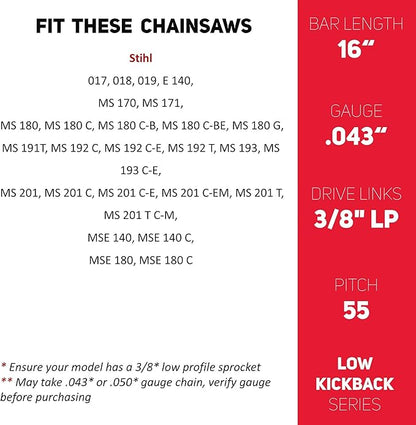 E & S 3 Pack 16 Inch Chainsaw Chain 3/8" LP Pitch .043" Gauge 55 Drive Links Semi-Chisel Chain Saw Chains for Husqvarna, Poulan, Craftsman, Greenworks and More Chainsaw Brands