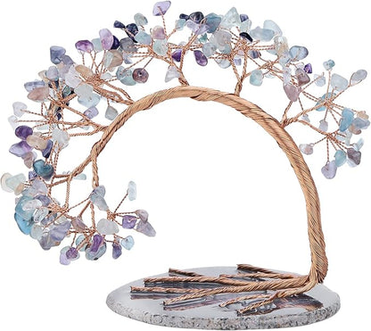 mookaitedecor Natural Fluorite Crystal Money Tree Agate Slice Base Feng Shui Bonsai Crystal Tree for Wealth Luck Desk Decor, 4.5-5.2 Inch High