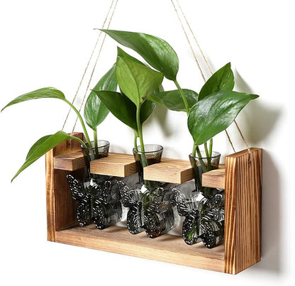 Glass Plant Propagation Station Butterfly Planter Vase with Wooden Stand Birthday Gifts for Women Mom Plant Lovers Office Home Decoration