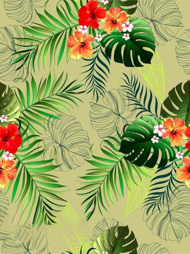 Tropical Theme Green Red Flowers and Palm Monstera Leaves Indoor Outdoor Area Rug 7x10 Waterproof Machine Washable Durable Rug for Patio Deck Porch Balcony Backyard Rv Camping Floor Carpet Mat