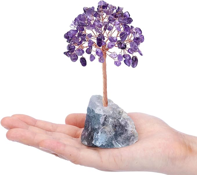 Jovivi Natural Amethyst Crystal Tree, Raw Healing Crystals Fluorite Base Bonsai Money Tree for Home Office Table Decor Wealth and Luck
