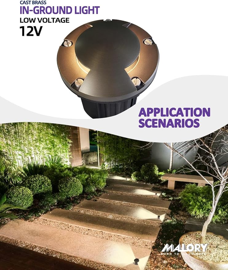 MALORY Brass Top Cover Landscape Well Lights,(5''H) 12V Low Voltage Outdoor In Ground Lights,Landscape Lighting for Pathway, Driveway and Garden (Two-Direction Turret, 4-Pack with Bulb)