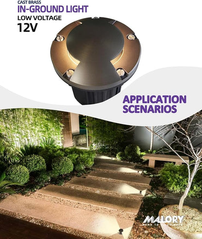 MALORY Brass Top Cover Landscape Well Lights,(5''H) 12V Low Voltage Outdoor In Ground Lights,Landscape Lighting for Pathway, Driveway and Garden (Two-Direction Turret, 4-Pack with Bulb)