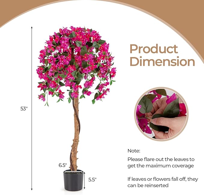 GOFLAME 53" Artificial Bougainvillea Tree, 2 Pack Faux Silk Flower Plant in Pot with 576 Flowers & 288 Leaves, Indoor Outdoor Fake Bougainvillea for Home, Office and Garden Decor, Red