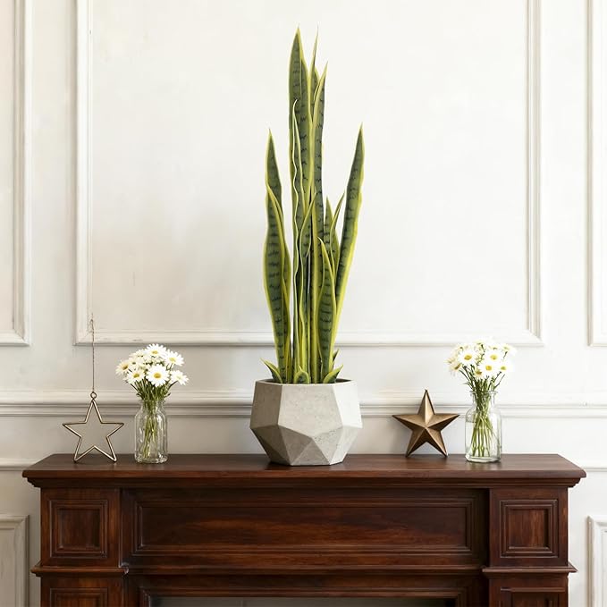 3FT-2PCS Artificial Snake Plant, 32 PVC Lifelike Leaves, 35in Faux Sansevieria for Indoor Home & Garden Decor, Potted Mother-in-Law's Tongue Plants, Yellow