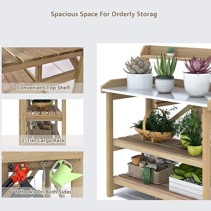 S AFSTAR Garden Potting Bench, Gardening Work Station Table with 2 Storage Shelves, Fir Wood Structure & Metal Tabletop, Garden Table Potting Benches for Outside, Backyard & Balcony