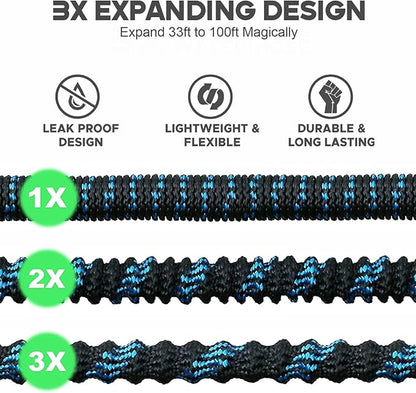 100 ft Expandable Garden Hose with 10 Function Nozzle Sprayer, Lightweight & No-Kink Flexible Water Hose with Durable Latex Core & Solid Brass Fittings, 100ft Retractable Stretch Hose, Black & Blue