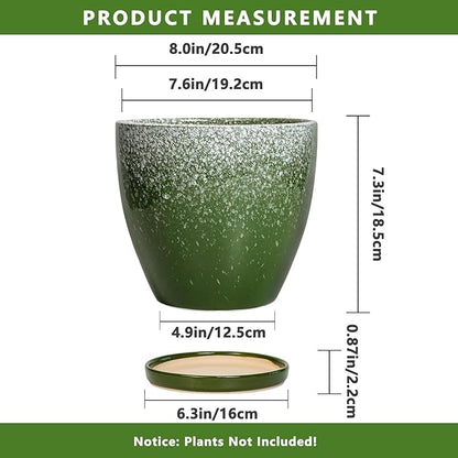 Ceramic Pots for Plants - 8 Inch Planter for Indoor Outdoor Plants, Round Planter, Large Flower Pot with Drainage and Saucer, Home Room Garden Office Decor, Birthday Gifts, Green