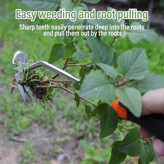 Weed Removal Tool, 2025 New Garden Weeding Tools Manganese Steel Hand Weeder Tool with Handle, 5 Teethes Dual Purpose Manual Weeders Tool Weed Tool for Garden (Rubber Handle)