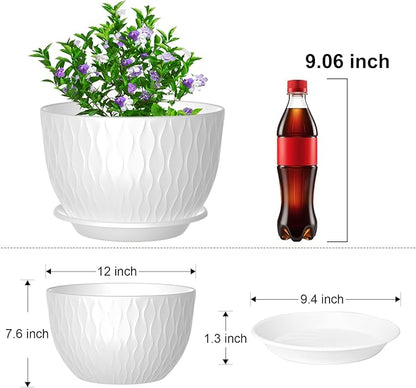 12 inch Large Plant Pots, Flower Pots with Multi-Mesh Drainage Holes and Saucer, Plastic Planters for Indoor and Outdoor Garden Plants (White, 12")