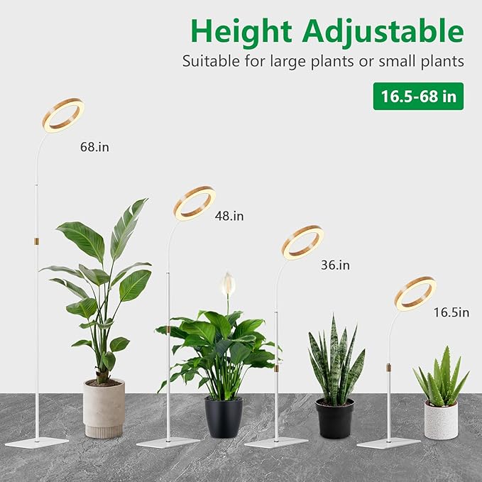 One Head Grow Light for Indoor Plants Full Spectrum - Floor Standing Plant Lamp with Auto Timer 6/12/18H, 5-Level Dimmable & Adjustable Height 16.5-68in for Large Tall Plants | Faux Wood Design