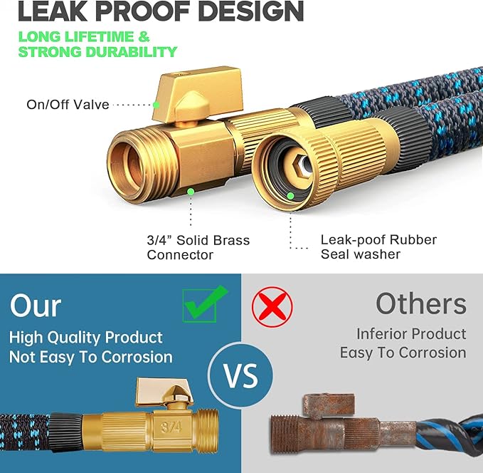 100 ft Expandable Garden Hose with 10 Function Nozzle Sprayer, Lightweight & No-Kink Flexible Water Hose with Durable Latex Core & Solid Brass Fittings, 100ft Retractable Stretch Hose, Black & Blue