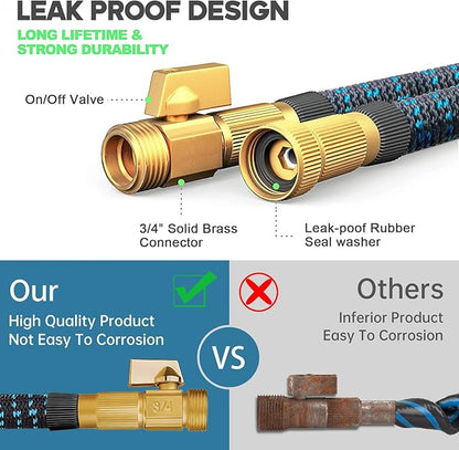 100 ft Expandable Garden Hose with 10 Function Nozzle Sprayer, Lightweight & No-Kink Flexible Water Hose with Durable Latex Core & Solid Brass Fittings, 100ft Retractable Stretch Hose, Black & Blue