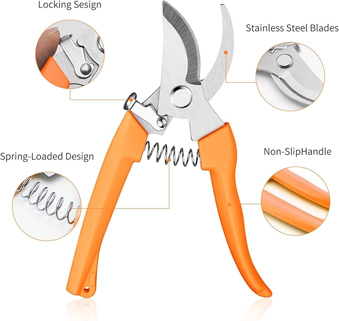 Flower Scissors, Flower Shears High Strength Steel Sharp, Ergonomic Handle Pruning Shears for Gardening, Lightweight Garden Scissors, 1-inch Cut Capacity Rust Resistant for Plants Bonsai-Orange