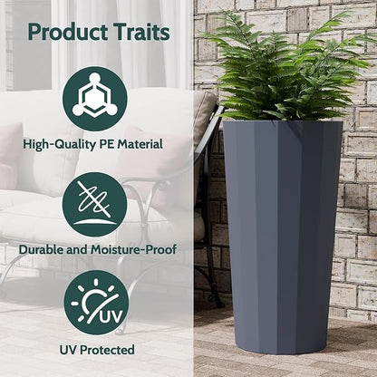 2PCS Tall Planters for Outdoor Plants, 23.6 Inches Large Outdoor Conical Flower Pots for Porch with Drainage Holes and Drainage Baffle, Tapered Large Planters for Garden, Balcony Use, Grey