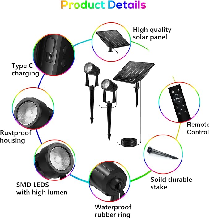 ZYAN Solar Color Changing Outdoor Spotlights with Remote, IP65 Waterproof RGB Landscape Lighting for Garden Yard Path 8 Pack (2x4Pack)