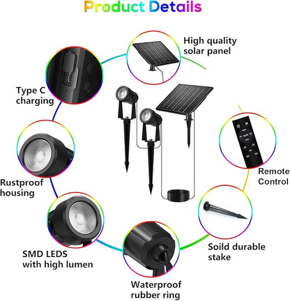 ZYAN Solar Landscape Spotlights Outdoor, Auto On/Off & IP65 Waterproof, LED Spot Lights for Garden, Pathway, Tree, Yard Warm White/RGB Color (Multi-Colored, 4 Pack)