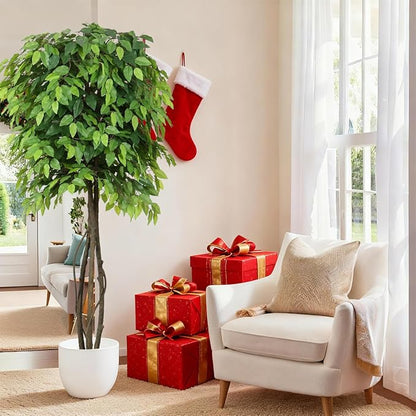5ft Artificial Ficus Trees for Home Indoor Decor,Faux Banyan Plant with Nearly Natural Leaves Curved Trunks Fake Green Lifelike Tree for Living Room Office Garden Christmas New Year Decor