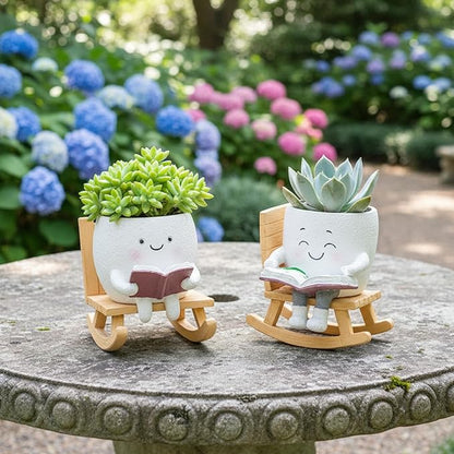 Adorable Smiley Face Reading Flower Pot, Unique Rocking Chair-Style Resin Plant Pot with Drainage Holes, Suitable for Indoor/Outdoor Planting and Home Decor (B)