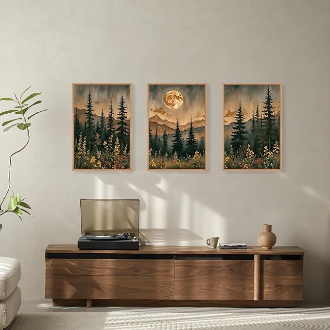 HOURIA Vintage Boho Nature Moonlight Forest Mountain Framed Canvas Wall Art Set,Wilderness Dark Moon Woodland Floral Decor,Retro Wildflower Field Landscape Artwork for Living Room,Farmhouse-24 x36 x3