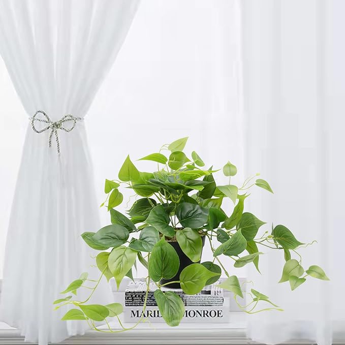 LOYWREE Faux Pothos Indoor Green Realistic Artificial Potted Plants Fake Plant Greenery for Home Office Garden Decoration - Black Pot