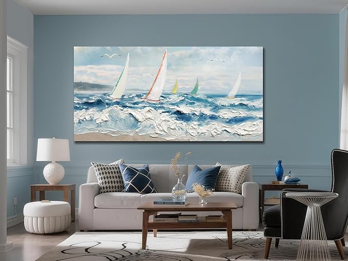 Enartly Wave 3D Textured Ocean Wall Art for Living Room Blue Seascape Sailboat Canvas Coastal Painting Artwork for Christmas Gift Bedroom Bathroom Home Office Wall Decor, Large 58"x29"