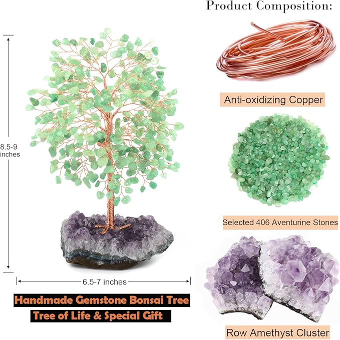 Crystal Tree of Life,Natural Green Aventurine (406 Beads Count) Amethyst Cluster Base, Positive Energy Feng Shui Gem Bonsai Money Tree Good Luck,Gift Size 8.5-9 Inches
