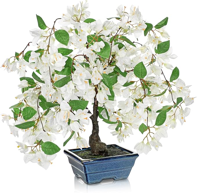 Briful Artificial Bougainvillea Tree in Blue Pot 18.5" Tall Faux Bougainvillea Floral Tree Tropical Silk Fake Bougainvillea Plant for Home Office Living Room Table Décor(White)