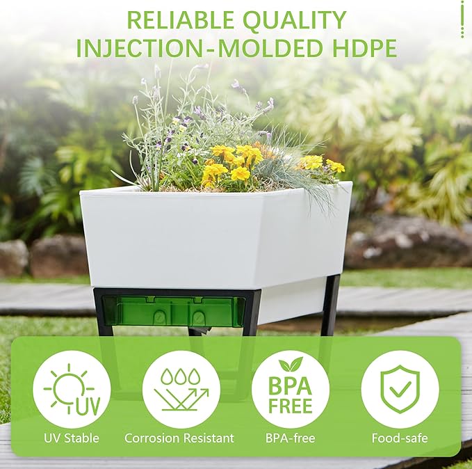 Glowpear Self Watering Planter Box - 29.5", White - UV Stable, Scalable Urban Raised Garden Bed with Water Gauge, Indoor Outdoor for Vegetables, Flowers, Herbs, and Succulents, Gardening