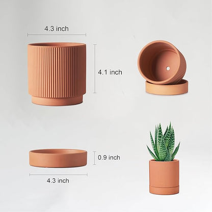 Small Modern Terracotta Pots, 4.2 Inch Ribbed Textured Clay Planter Pots with Drainage Hole & Saucer, Garden Pots for Indoor Plants Succulent, Cacti & Fern