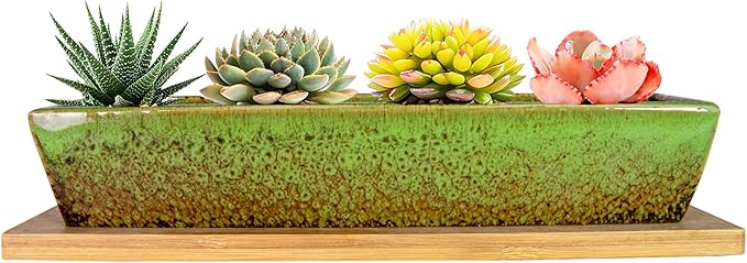 ARTKETTY Succulent Pots, 9.8 Inch Ceramic Succulent Planters with Drainage Small Bonsai Pot with Bamboo Tray, Mini Cactus Flower Planter Pot Shallow Rectangular Window Planters for Indoor Plants