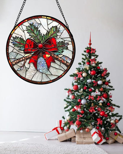 Stained Glass Window Hanging - Pine Branches Red Bow Suncatcher for Doors Home Christmas Decoration Silver Sun Catcher Thanksgiving New Year Birthday Gifts for Women Men Mom Nana 11.8 in